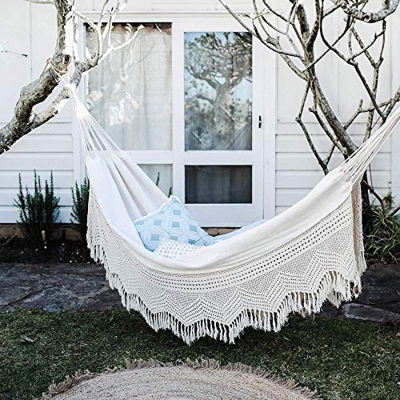 The Garden Hammocks® Hamaca de tela de algodón orgánico con ganchillo, tela GOTS, doble (335 x 130 cm) muebles colgantes para dormir para el hogar, pa