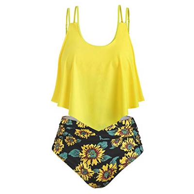 Bañador para Mujer con Tirantes Cruzados Bikini,Bikinis Mujer Push Up Retro Conjunto de Traje de BañO Estampado Girasol Bohemio BañAdores Gran tamaño 