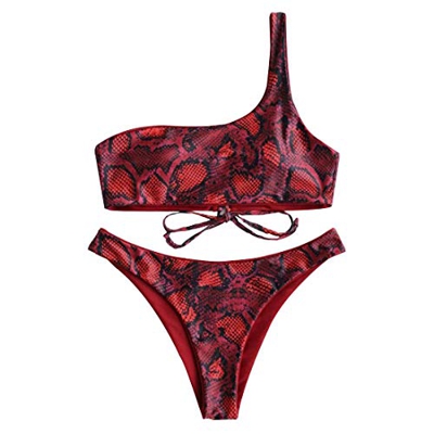 Bikini Mujer Patrón de Serpiente Conjunto de Bikini con Cordones Un Hombro Bikini Acolchado Top Push-up Bikini Bottom Cintura Baja Traje de baño de Do