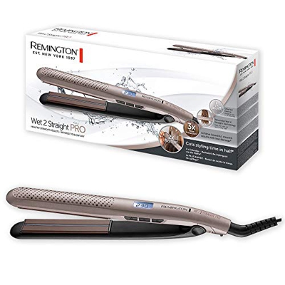 Remington Wet2Straight Pro S7970 - Plancha de Pelo, Tecnología Wet2Straight, Cabello Húmedo y Seco, Cerámica, Digital, Marrón