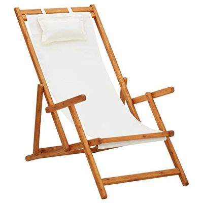 Tidyard Silla de Playa Plegable Sillón Reclinable Moderno Silla de Piscina Patio Terraza Exterior Madera Maciza de Eucalipto y Tela Crema