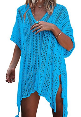 Kfnire Traje de baño de Las Mujeres Bikini Traje de baño Vestido de Playa Crochet (A- Azul)
