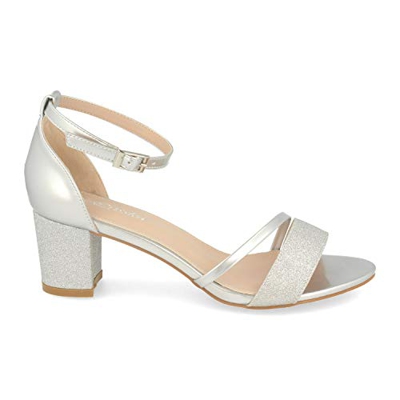 Sandalia Mujer Ankle Strap de Vestir con Tacon, Detalle Brillante y Pulsera con Hebilla en el Tobillo. Primavera Verano 2020. Talla 38 Plata