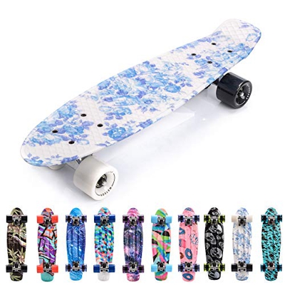 meteor Monopatín Retro plástico Skateboard Completo Patineta para Niños Jóvenes Adultos Mejor Calidad Robusto Ligero Ruedas - Buen Regalo (Flowers Whi