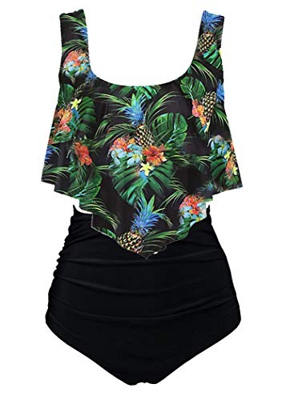 Aidotop Bañador para Mujer Top con Volantes Cintura Alta Traje de baño Trajes de baño de Dos Piezas Bikini Sets (10Black Pineapple, XXL)