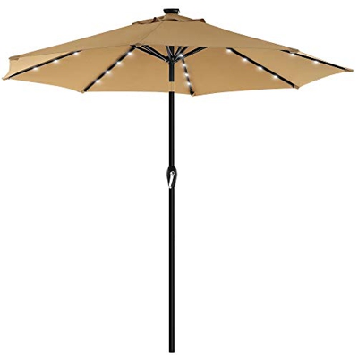 SONGMICS Parasol de jardín con Luces solares LED, Sombrilla Ø 2,7 m, Protección UPF50+, Inclinable, Manivela para Abrir/Cerrar, Base no incluida, Topo