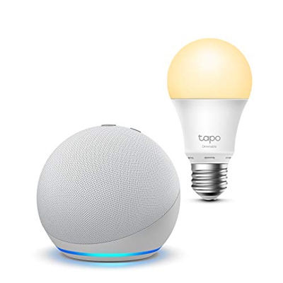 Echo Dot (4.ª generación), Blanco + TP-Link Tapo Bombilla Inteligente (E27), compatible con Alexa