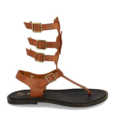 Sandalia Plana de Mujer, Comodas y Casuales, Echas de Piel, de Estilo Romano, Atado por el Tobillo con Hebillas, Primavera Verano 2021. Talla 38 Camel