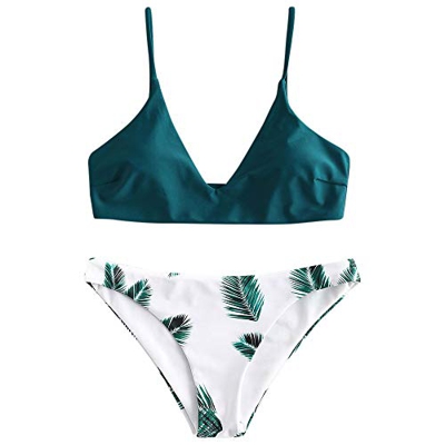 ZAFUL Bikini de mujer de 2 piezas, traje de baño con estampado de hojas tropicales y bralette acolchado Azul pavo real. L