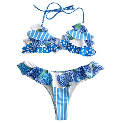 Faguo Conjunto de Bikini Sexy para Mujer Halter Ruffles Traje de baño brasileño Boho Floral Beachwear