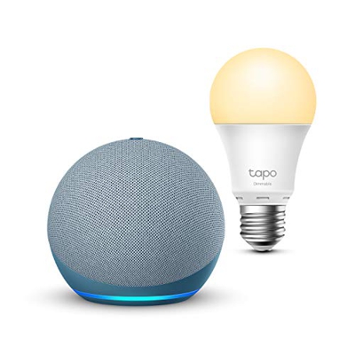 Echo Dot (4.ª generación), Azul grisáceo + TP-Link Tapo Bombilla Inteligente (E27), compatible con Alexa