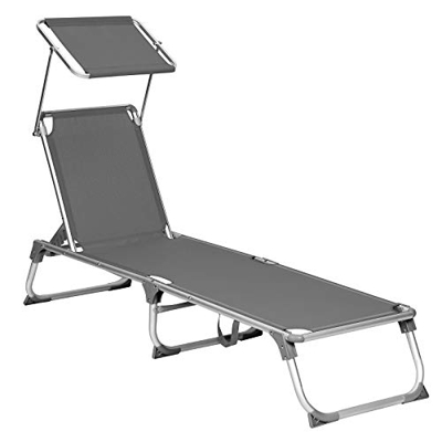 SONGMICS Tumbona, Tumbona Reclinable, con Respaldo y Parasol Reclinables, Plegable, Ligera, 55 x 193 x 31 cm, Carga 150 kg, para Jardín, Gris Antracit