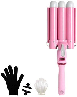 Rizador de pelo con 3 barriles de 25 mm, bombé Waver, rizos grandes, cerámica turmalina, plancha de pelo, indicador de temperatura digital (rosa)