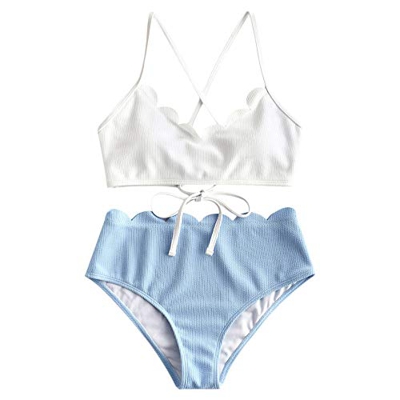 ZAFUL Bikini de cintura alta con tirantes finos. Blanco M