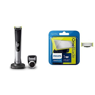 Philips OneBlade Pro QP6520/30 Recortador de barba con peine de precisión de 14 longitudes y base de carga, recorta, perfila y afeita, recargable + 1 