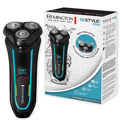 Remington R6 Style Aqua R6000 - Máquina de Afeitar Rotativa, Cuchillas Flexibles, Cabezal Pivotante, Afeitado en Seco y Mojado, sin Cable, Negro y Azu