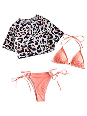 ZAFUL Conjunto de bikini para mujer con cuello en U, parte superior de malla de 3 piezas Rosa. S