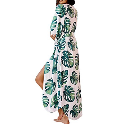 Lazzon Pareos Mujer Traje de Baño Cubrir Gasa Largo Cardigan Vestido de Playa (Verde)