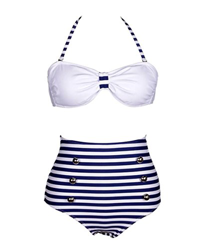 DELEY Mujeres Elegantes Rayas Azul Marino Alta Cintura Bikini Traje De Baño Azul Tamaño S características