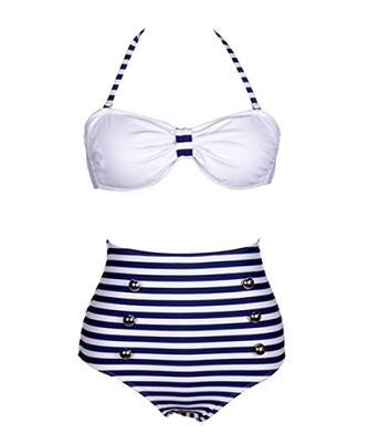 DELEY Mujeres Elegantes Rayas Azul Marino Alta Cintura Bikini Traje De Baño Azul Tamaño S