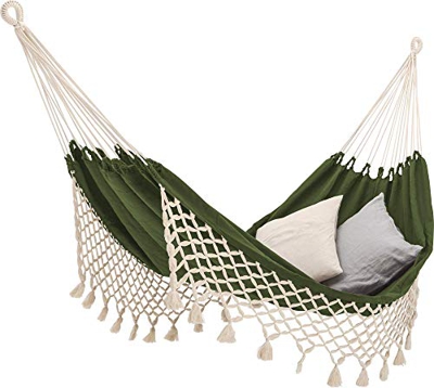 ECOMUNDY Romance XL 360 - Hamaca clásica con flecos, tejida a mano, algodón orgánico, 160 x 240 x 360 cm, color verde/crudo
