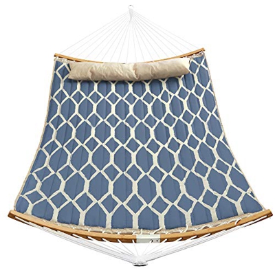 SONGMICS Hamaca, Hamaca con Barras separadoras de bambú Curvas Desmontables, Almohada, 200 x 140 cm, Carga 225 kg, Azul y Rombo Beige GDC034I02
