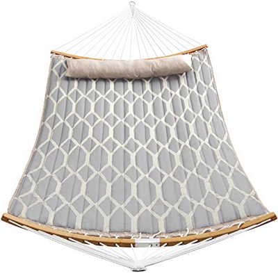 SONGMICS Hamaca, Hamaca con Barras separadoras de bambú Curvas Desmontables, Almohada, 200 x 140 cm, Carga 225 kg, Gris y Rombo Beige GDC034G02