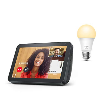 Echo Show 8, Tela de color antracita + TP-Link Tapo Bombilla Inteligente (E27), compatible con Alexa