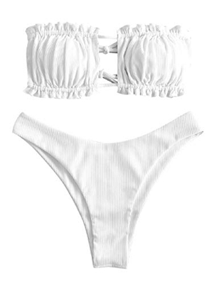 ZAFUL Conjunto de bikini acolchado para mujer, de un solo color, con nudos, cintura baja, sexy, tanga de verano Blanco M