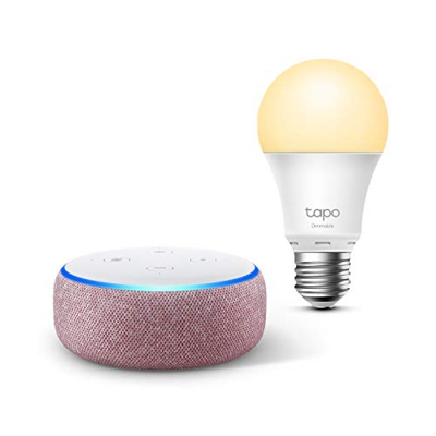 Echo Dot (3.ª generación), Tela de color malva + TP-Link Tapo Bombilla Inteligente (E27), compatible con Alexa