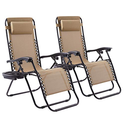 VONLUCE Set de 2 Sillas Plegable de Gravedad Cero para Jardín y Playa Tumbona Plegable con Almohada y Portavasos Silla Reclinable para Exterior con Ca