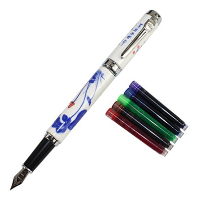 Gullor Jinhao 950 Azul y Blanco Porcelana Lotus con caja de regalo y los cartuchos de tinta