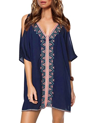 L-Peach Pareo Borado de Algodón para Mujer Túnica de Playa Beach Bikini Cover Ups