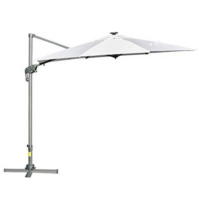 Outsunny Sombrilla de 300 cm de Aluminio Protección UV 50+ Giratorio 360° con Manivela y Luces LED Panel Solar Techo Reclinable Base Cruzada Blanco