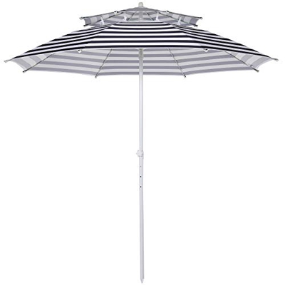 Outsunny Sombrilla de Playa Ø220 cm de Diámetro Altura Ajustable de 3 Niveles con Pincho y Doble Techo Poste Desmontable Bolsa de Transporte Rayas Azu