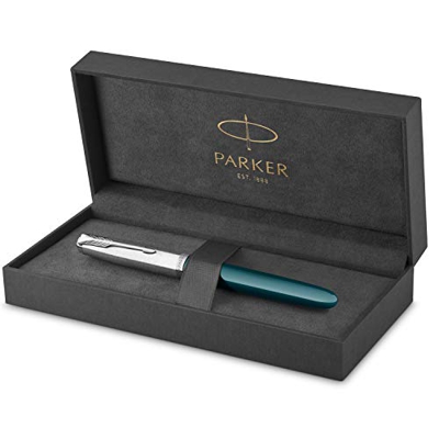 Parker 51 pluma estilográfica | cuerpo azul verdoso con adorno cromado | plumín fino con cartucho de tinta negra | estuche de regalo