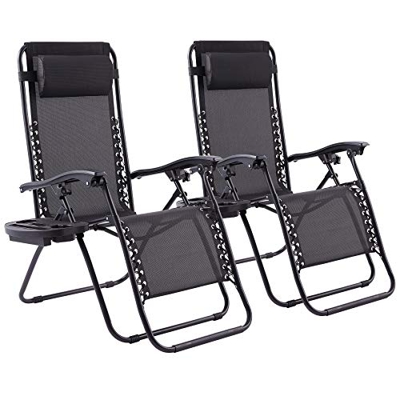 VONLUCE Set de 2 Sillas Plegable de Gravedad Cero para Jardín y Playa Tumbona Plegable con Almohada y Portavasos Silla Reclinable para Exterior con Ca