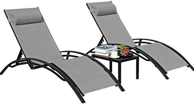 GARTIO Conjunto de 1 Mesa y 2 Tumbonas,Tumbona de Jardín,Juego de Tumbona Plegable,Juego de 3 Sillas de Jardín de Aluminio, Silla Reclinable para Exte