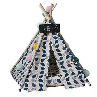 Reuvv Pet Teepee Perro Gatos Conejos Cama Lona portátil Pet Tents Casas con cojín, Azul, 60cm×60cm×70cm