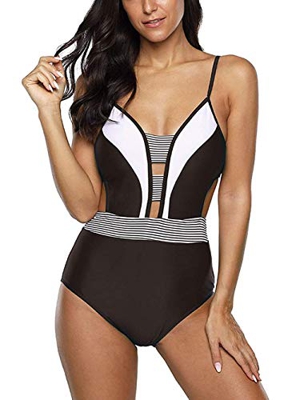DELEY Trajes de Baño de Una Pieza para Mujer Bikini Acolchado Trajes de Baño Control de Barriga Cuello V Profundo Monokini