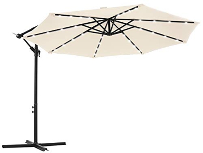 SONGMICS Parasol excéntrico de jardín, con 32 Leds de luz Solar, Sombrilla Ø 3 m con Base, Protección UPF50+, Manivela para Abrir/Cerrar, Terraza/Pati