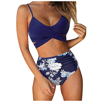 N / B Moda Patrón Floral Traje de baño Conjunto Honda Bikini Mujer Separar Dos Piezas Cintura Alta Push Up el Verano Playa Natacion Sol Voleibol Vacac