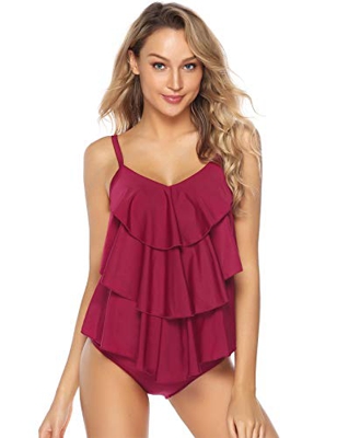 Akalnny Tankinis Traje de Baño de Dos Piezas para Mujer Sexy Drapeado Tank Top + Bikini Briefs(Vino Rojo,XL)