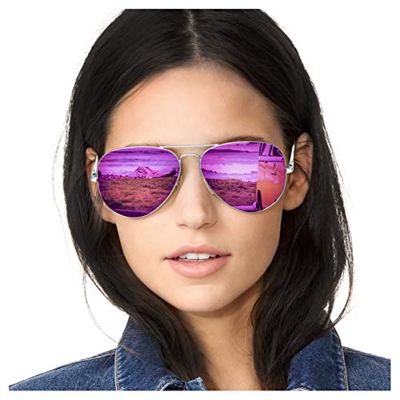 Gafas de Sol Mujer Aviador Espejo Polarizadas de Metal Marco 100% UVA/UVB Protección (Marco de Plata/Lense Púrpura)