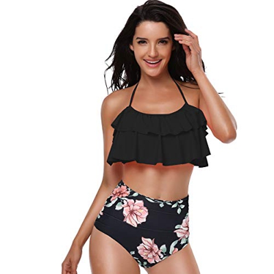 CheChury Mujer Volantes Estampado Floral Bañador Tankinis Cintura Alta Conjunto De Frill Bikini Cuello Halter Trajes de baño de Dos Piezas Bikini Sexy