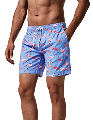 MaaMgic Hombre Bañador de Playa Ropa de Baño Short de Natación Tropical Vacaciones y Viajes en Verano con Bolsillos Azul Flamenco M