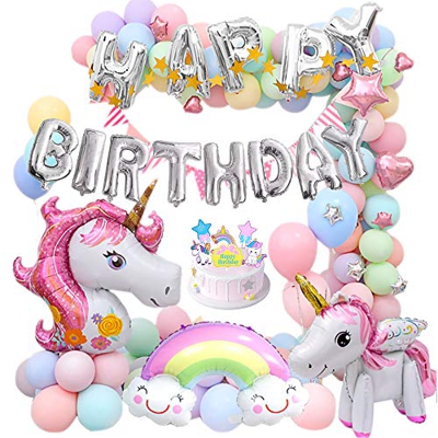 MMTX Unicornio Fiesta Decoración para mujer niña cumpleaños Fiesta,3D Unicornio Globos Cake Toppers Macaron Fiesta Globos Pennant Banner para Fiesta d