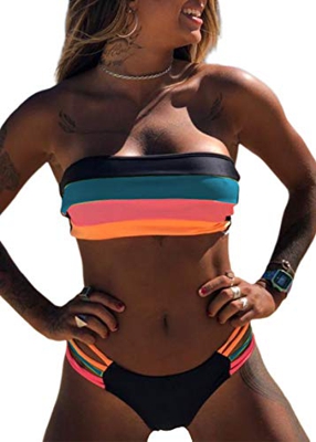 JFAN Mujer Conjunto de Bikini Dividido Colorido Rayas Sin Tirantes Cosido Sujetador Acolchado Sin Respaldo Push-up Bikinis Bottoms Ropa de Playa Traje