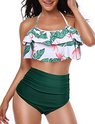 Voqeen Traje de baño para Mujer Top de Bikini de Volante Parte Inferior de Cintura Alta Halter Vintage Push Up de 2 Piezas precio