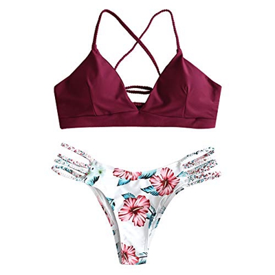 Conjunto de bikini Zaful para mujer compuesto por dos piezas con sujetador ajustable en la espalda y efecto realzador, escote triangular y estampado d